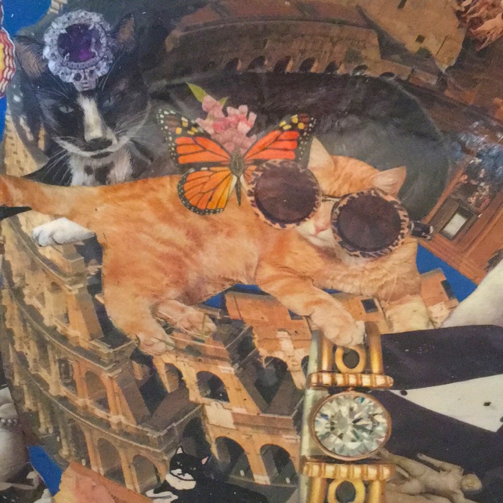 Hand Crafted Vintage Bowl Colorful Cats Designer Fashion Rome Decoupage Art - Picture 2 of 11